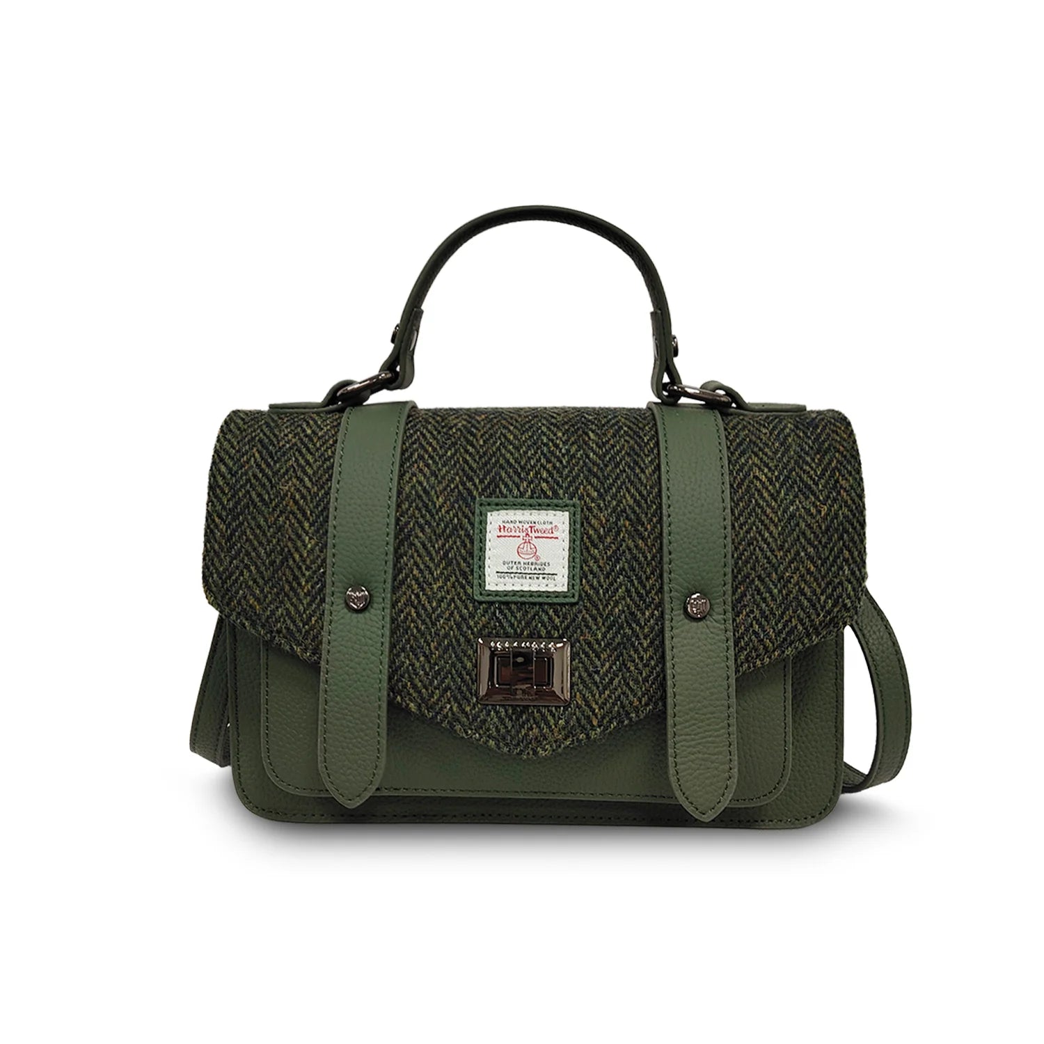 Islander Medium Satchel with Harris Tweed Dark Green Herringbone