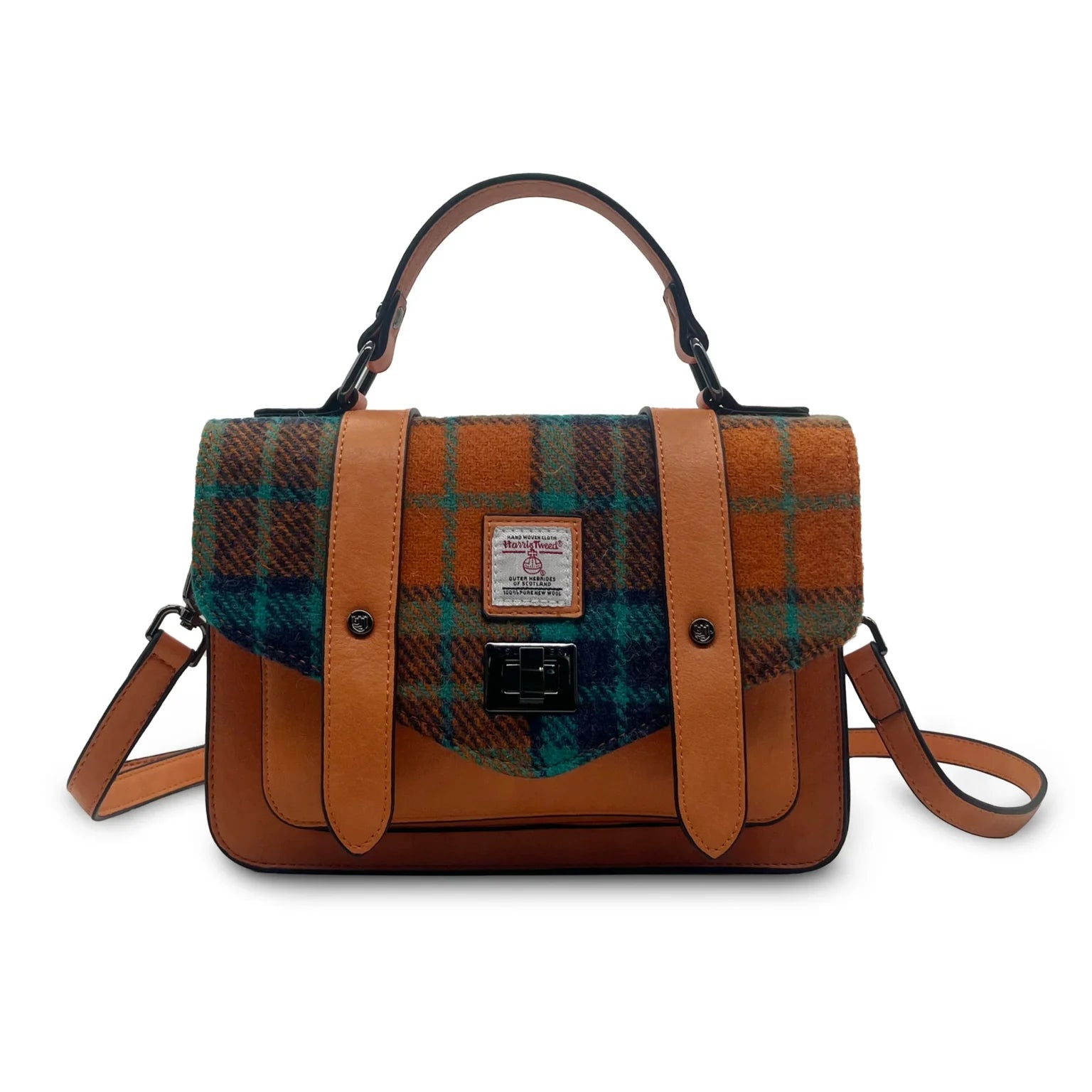 Islander Mini Satchel Bag with Harris Tweed Burnt Orange & Blue Tartan | Harris Tweed Scotland