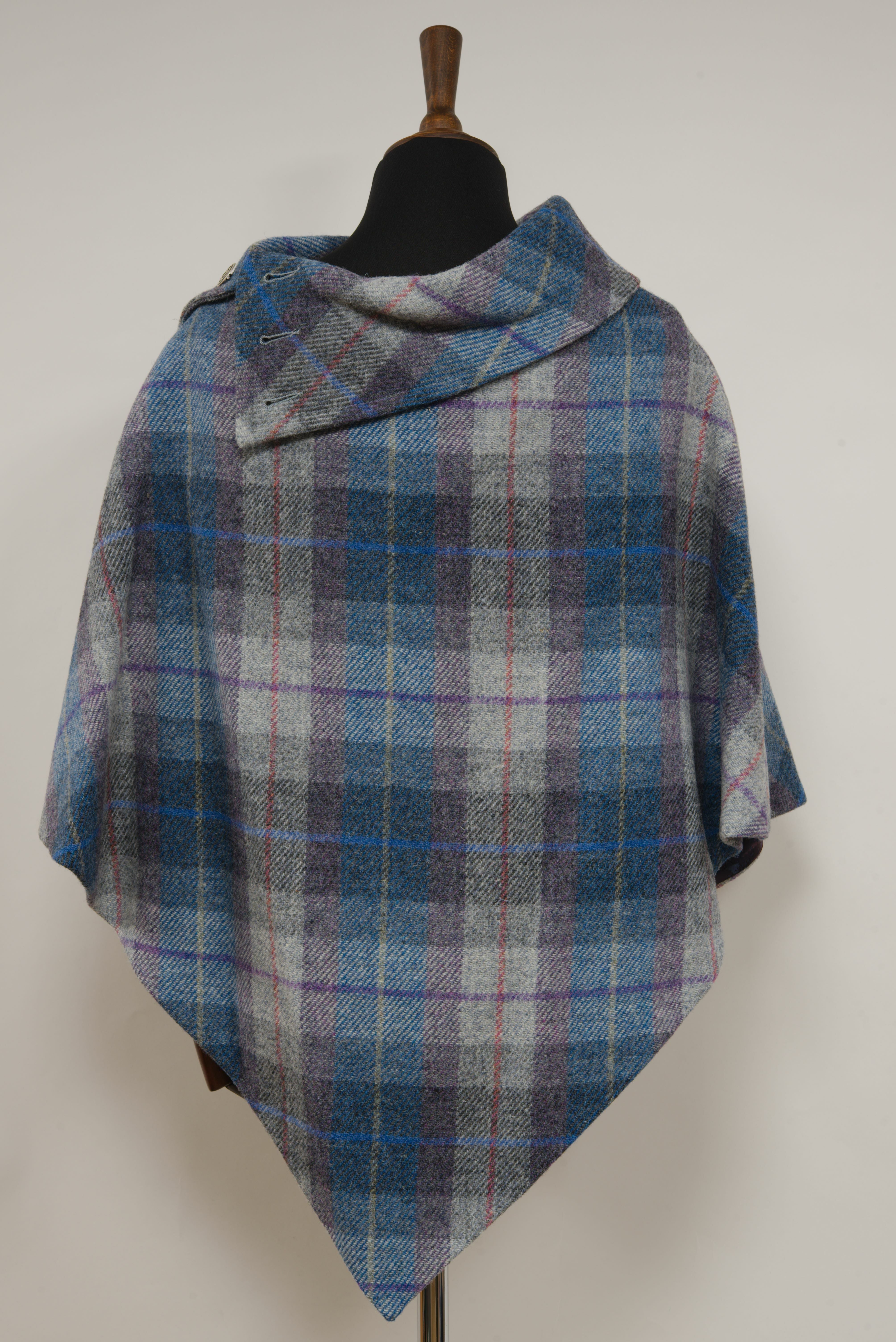 Harris Tweed Ladies Celtic Poncho Cape Blue & Grey Lavender Check