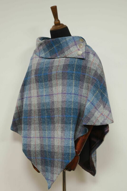 Harris Tweed Ladies Celtic Poncho Cape Blue & Grey Lavender Check