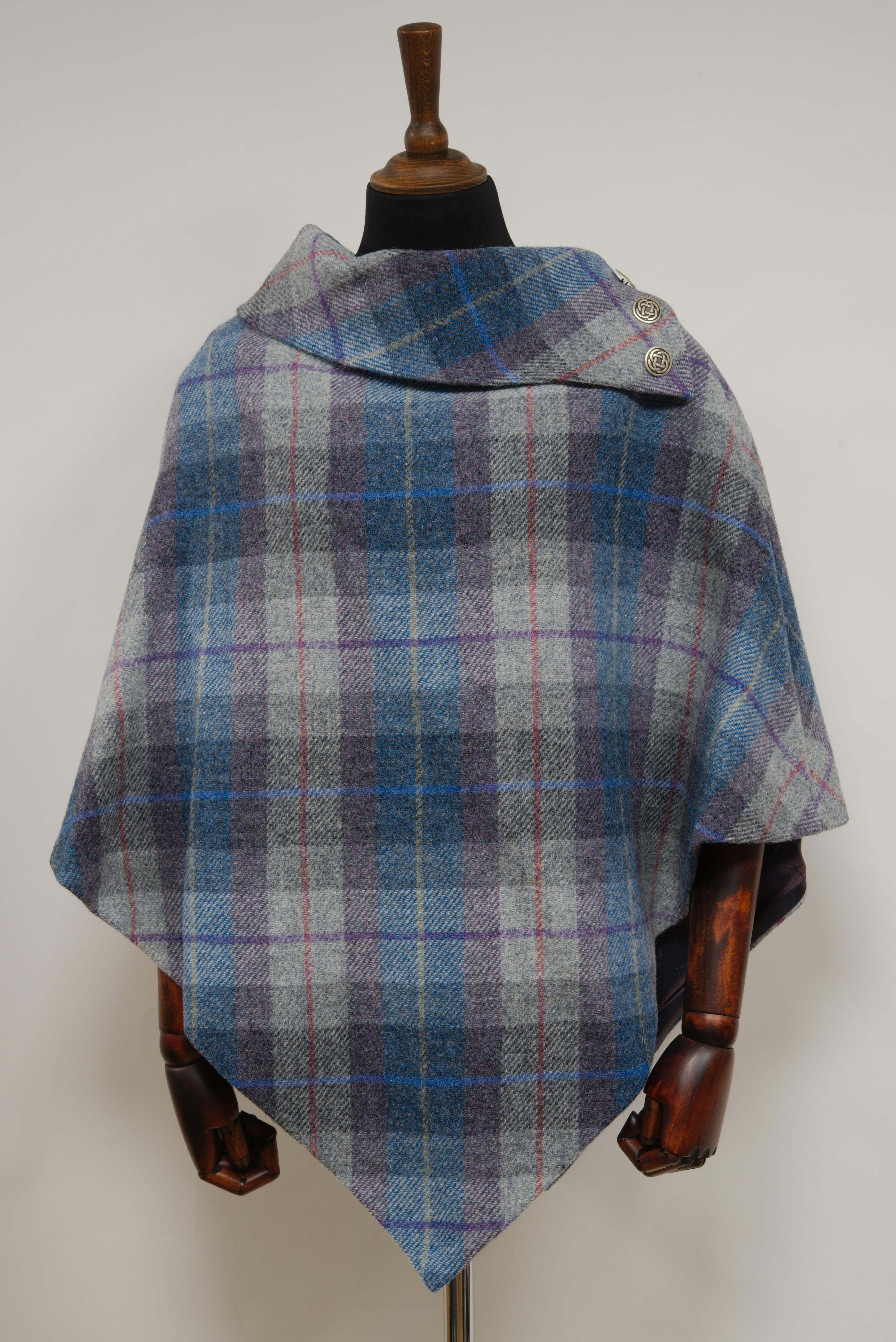 Harris Tweed Ladies Celtic Poncho Cape Blue & Grey Lavender Check