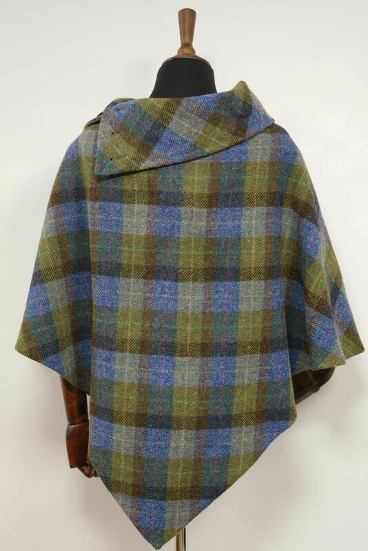 Harris Tweed Ladies Celtic Poncho Cape Denim Blue, Green & Brown Sage