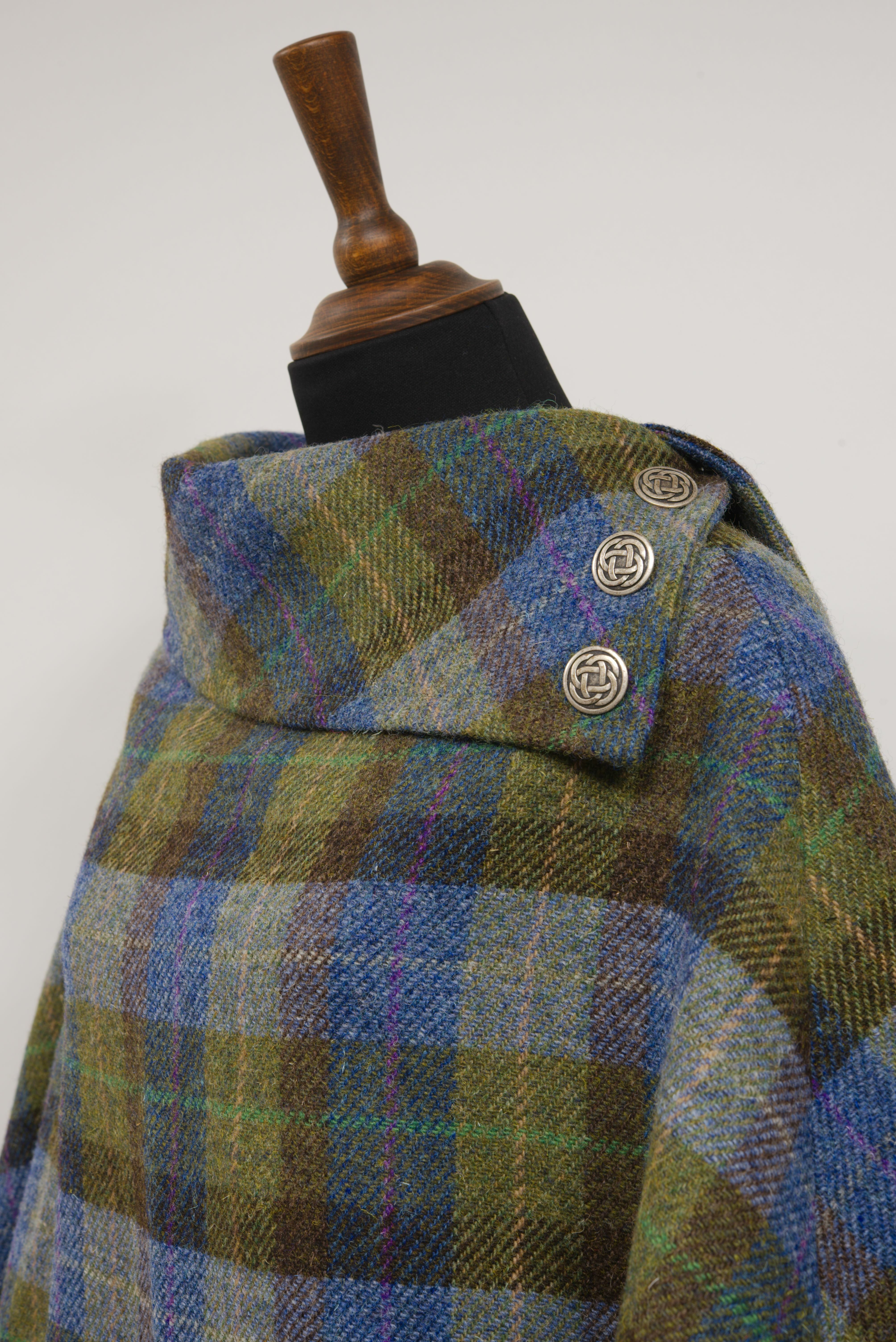 Harris Tweed Ladies Celtic Poncho Cape Denim Blue, Green & Brown Sage