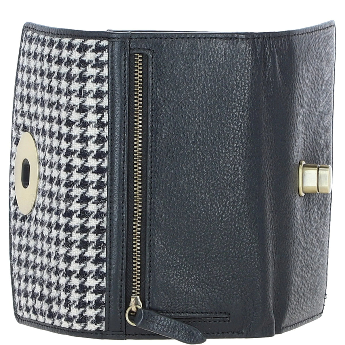Cumbrae Large Leather Purse with Harris Tweed (Black & White Dogtooth)