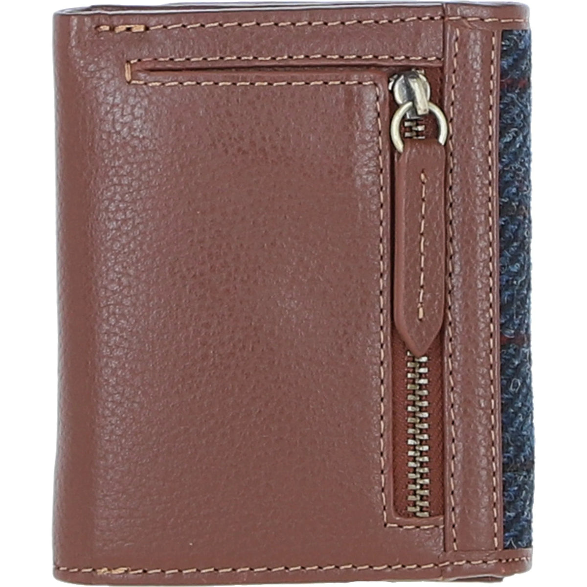 Fairlie Small Brown Leather Trifold Purse with Harris Tweed (Tan & Navy)