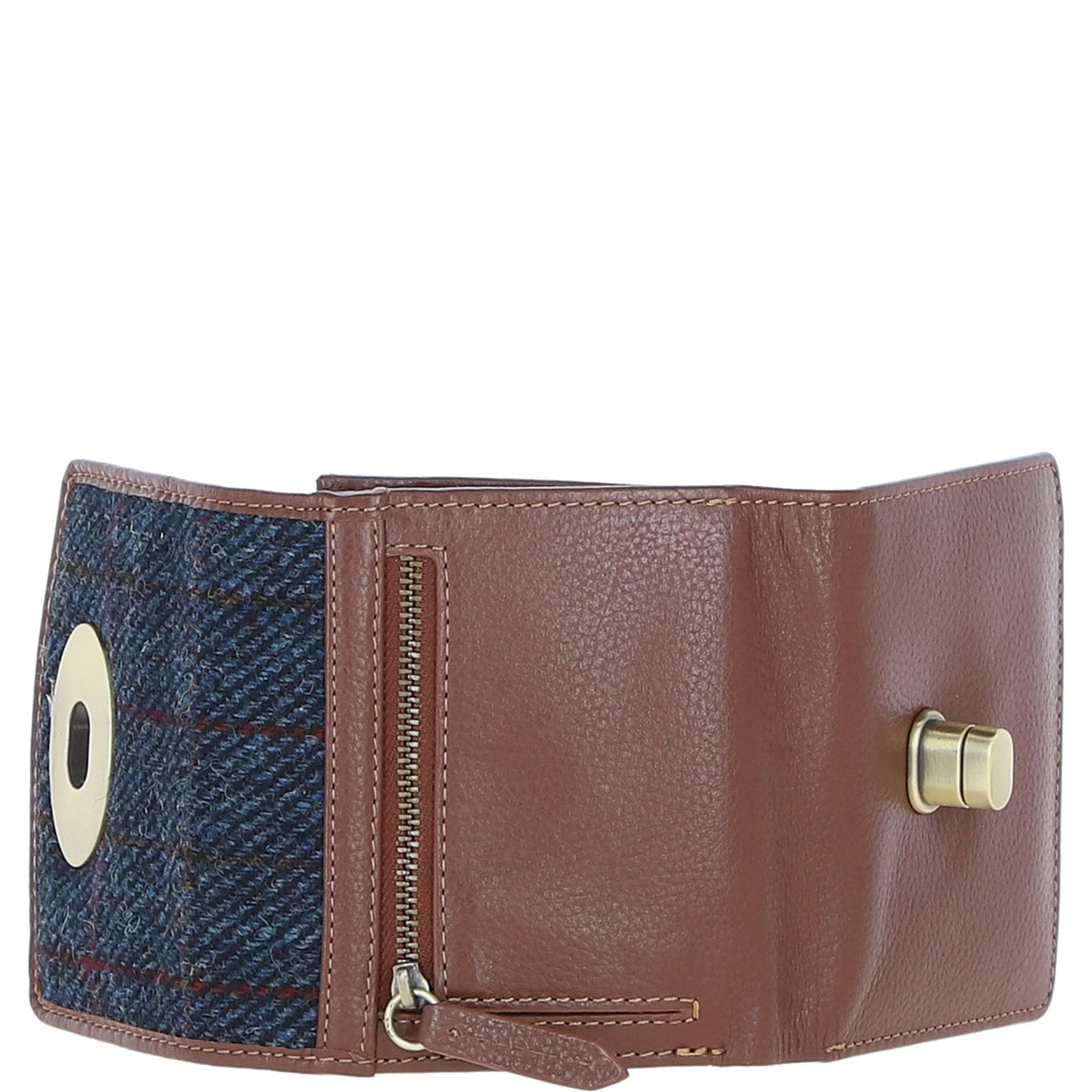 Fairlie Small Brown Leather Trifold Purse with Harris Tweed (Tan & Navy)