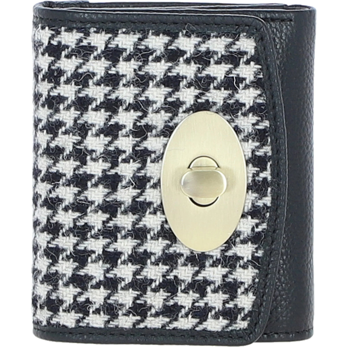 Fairlie Small Brown Leather Trifold Purse with Harris Tweed (Black & White Dogtooth)