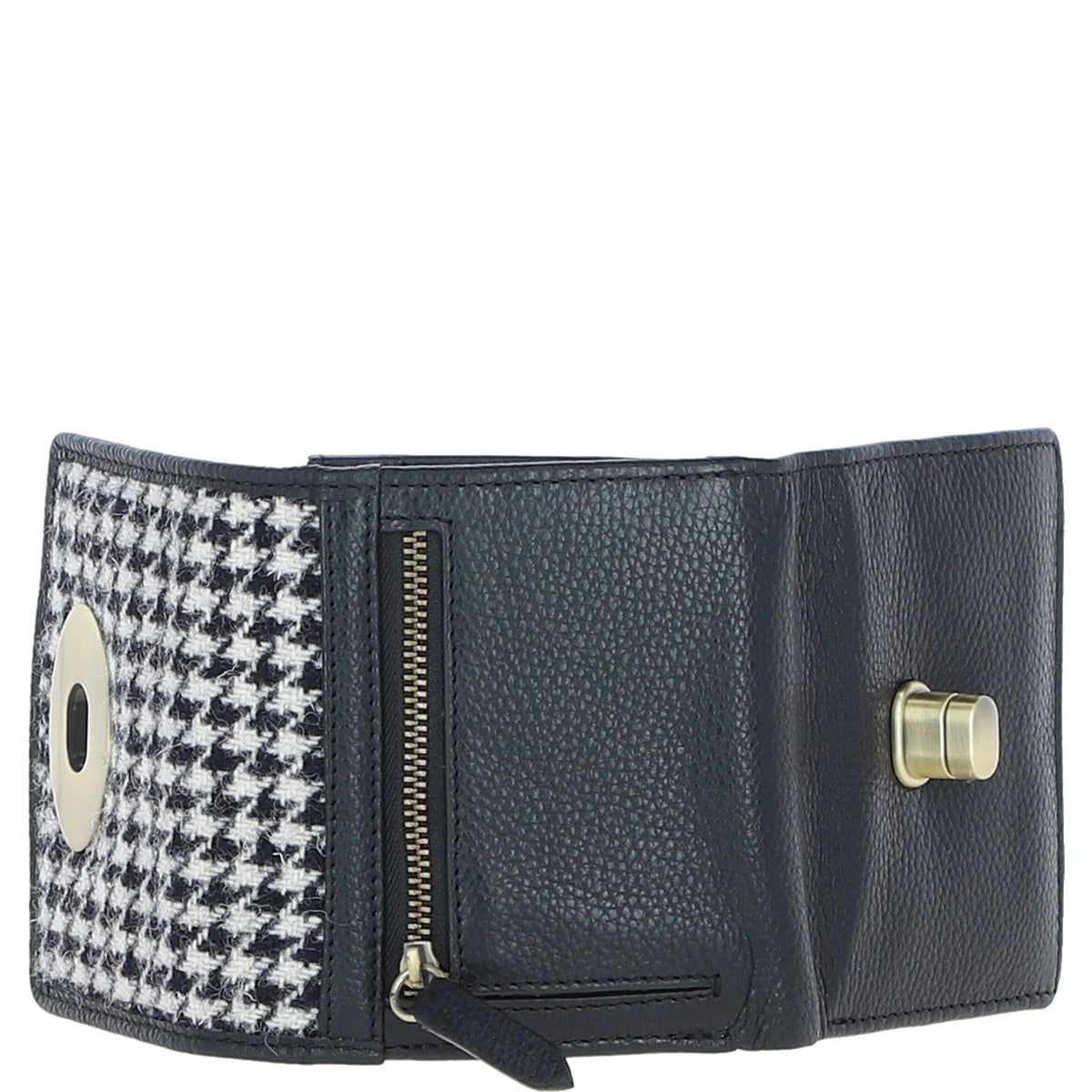 Fairlie Small Brown Leather Trifold Purse with Harris Tweed (Black & White Dogtooth)