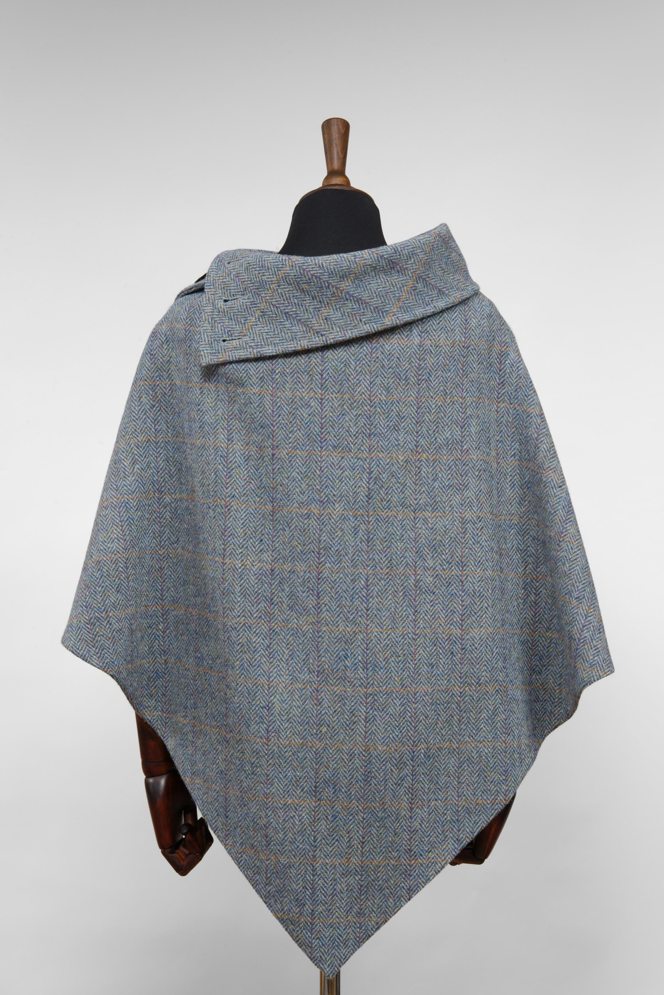 Harris Tweed Ladies Celtic Poncho Cape Opal Blue, Grey & Orange Overcheck