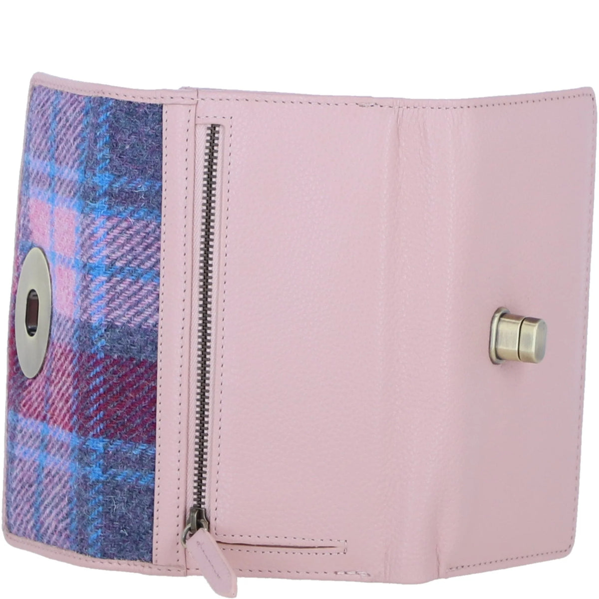 Cumbrae Large Leather Purse with Harris Tweed (Pink & Blue Tartan)