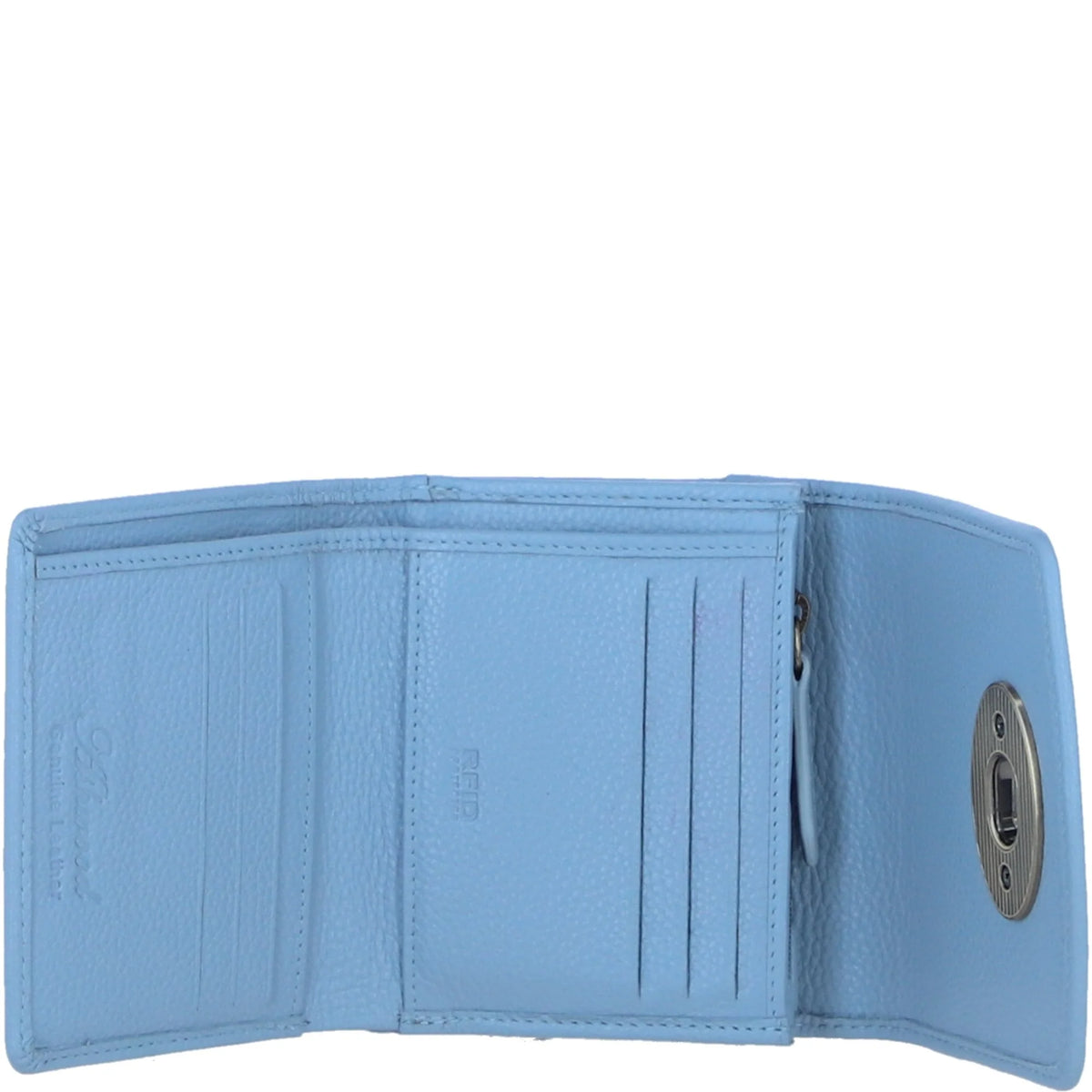 Fairlie Small Brown Leather Trifold Purse with Harris Tweed (Baby Blue)