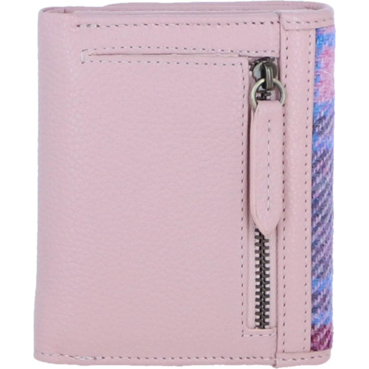 Fairlie Small Brown Leather Trifold Purse with Harris Tweed (Baby Pink)