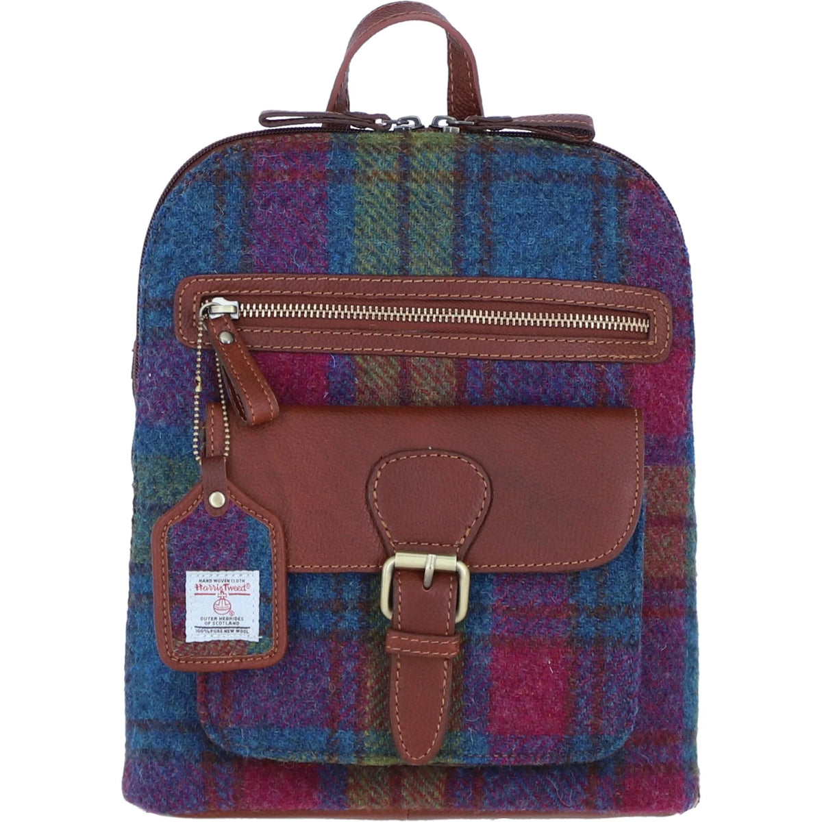Genuine Leather Ayr Backpack with Harris Tweed (Tan Leather & Multi Colour Tartan)