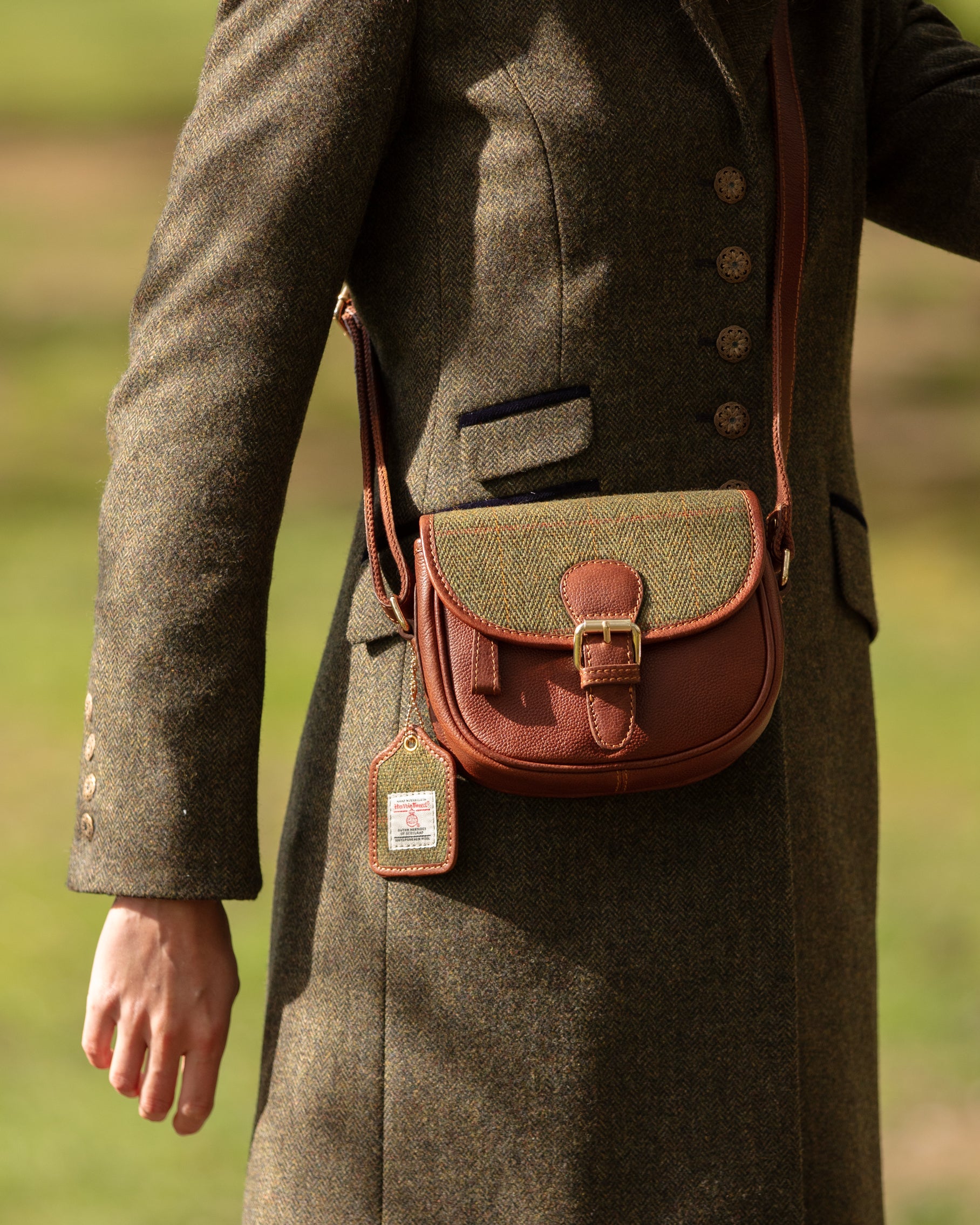 Real Leather Prestwick Small Saddle Bag with Harris Tweed - Brown Leather & Green