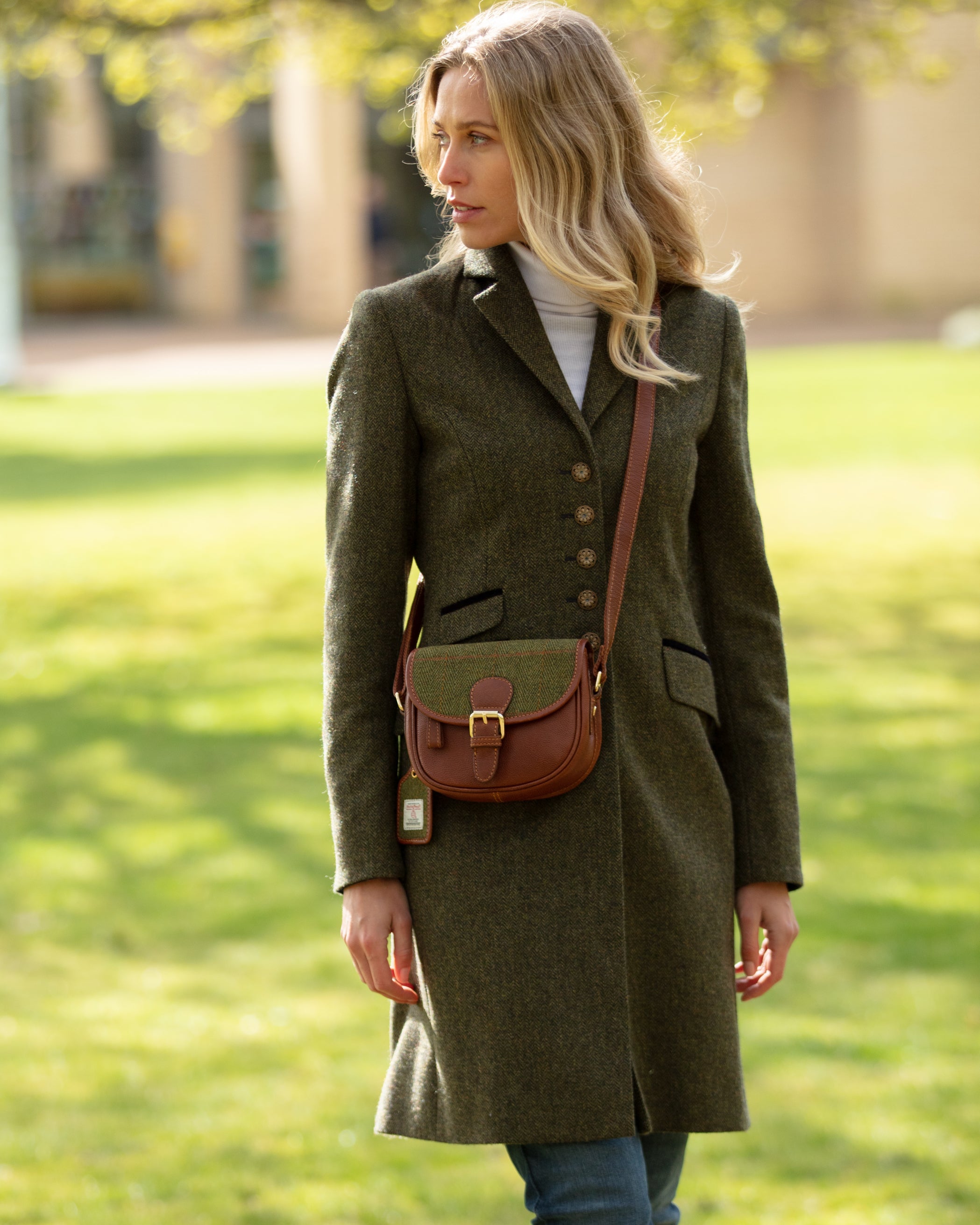 Real Leather Prestwick Small Saddle Bag with Harris Tweed - Brown Leather & Green