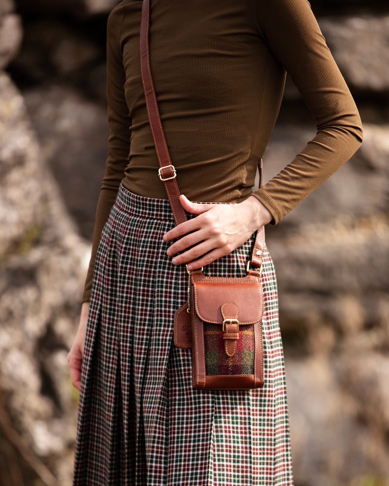 Harris Tweed and Genuine Leather Girvan Baby Crossbody Bag - Tan Leather & Navy