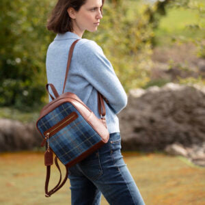 Real Leather Barassie Large Backpack with Harris Tweed - Navy Leather & Fuschia