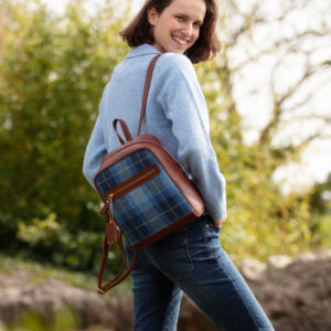 Real Leather Barassie Large Backpack with Harris Tweed Black Leather Green & Red