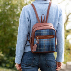 Real Leather Barassie Large Backpack with Harris Tweed - Tan Leather & Black Watch