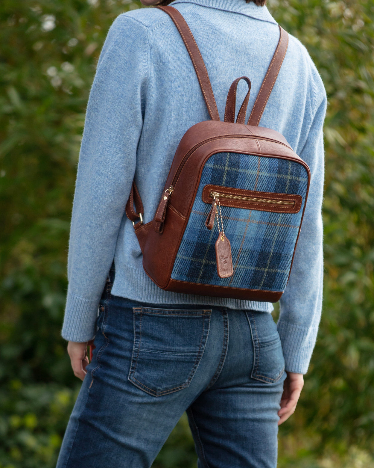 Real Leather Barassie Large Backpack with Harris Tweed Tan Leather & Green Red