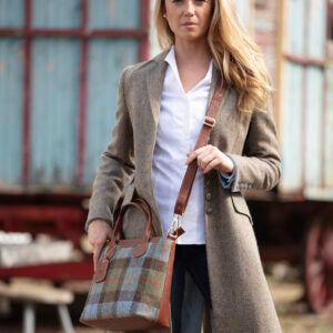 Real Leather Turnberry Shoulder Bag with Harris Tweed - Tan Leather & Green Red