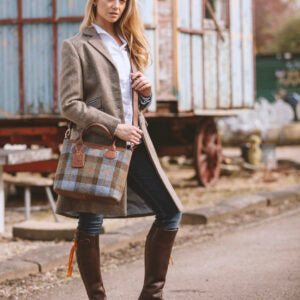 Real Leather Turnberry Shoulder Bag with Harris Tweed - Black Leather & Black Watch