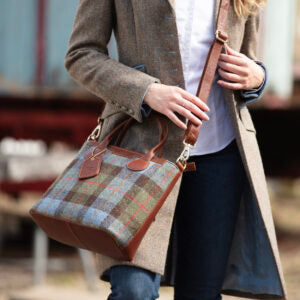 Real Leather Turnberry Shoulder Bag with Harris Tweed - Tan Leather & Castle Bay
