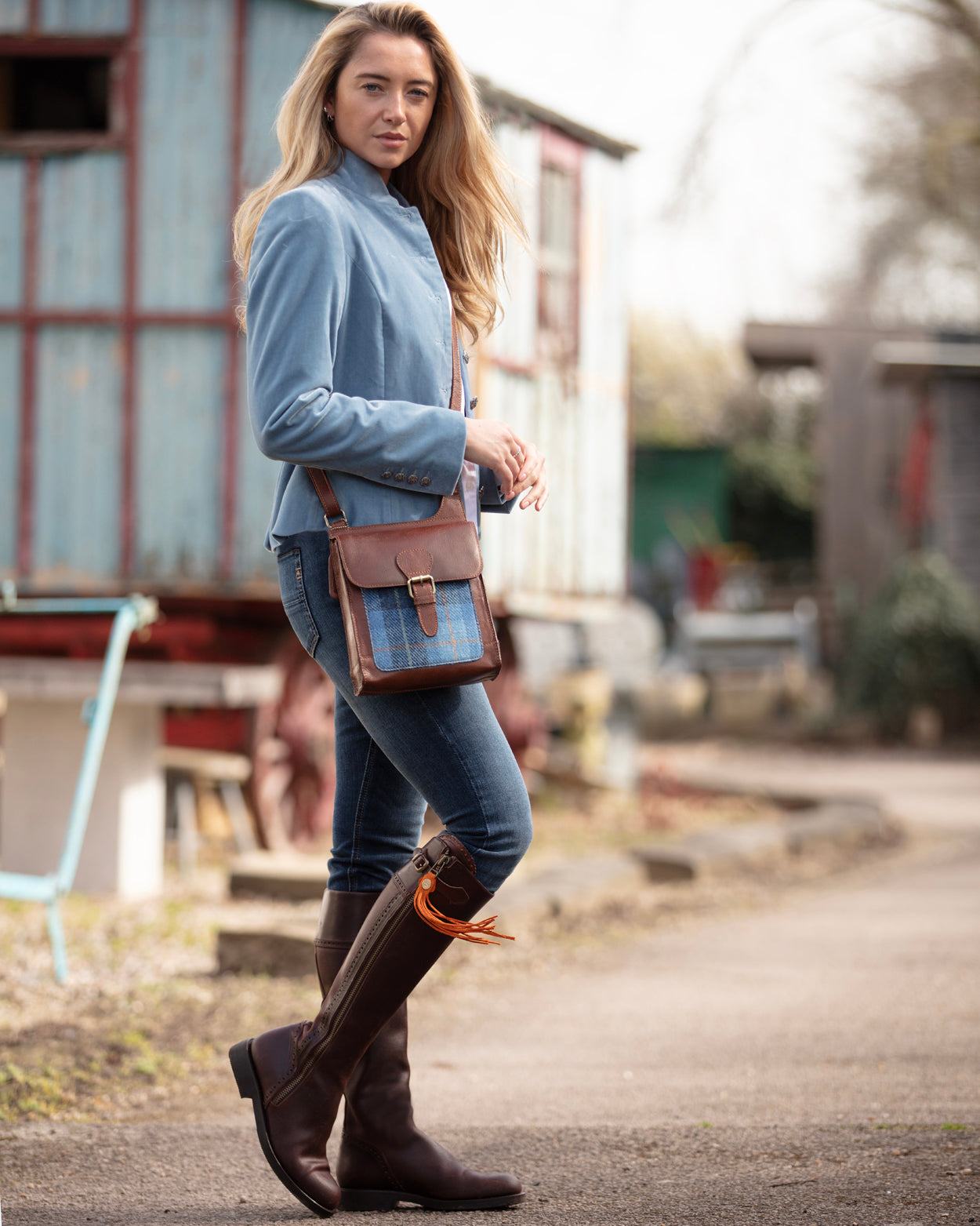 Real Leather Maybole Crossbody Bag with Harris Tweed - Tan Leather and MacLeod