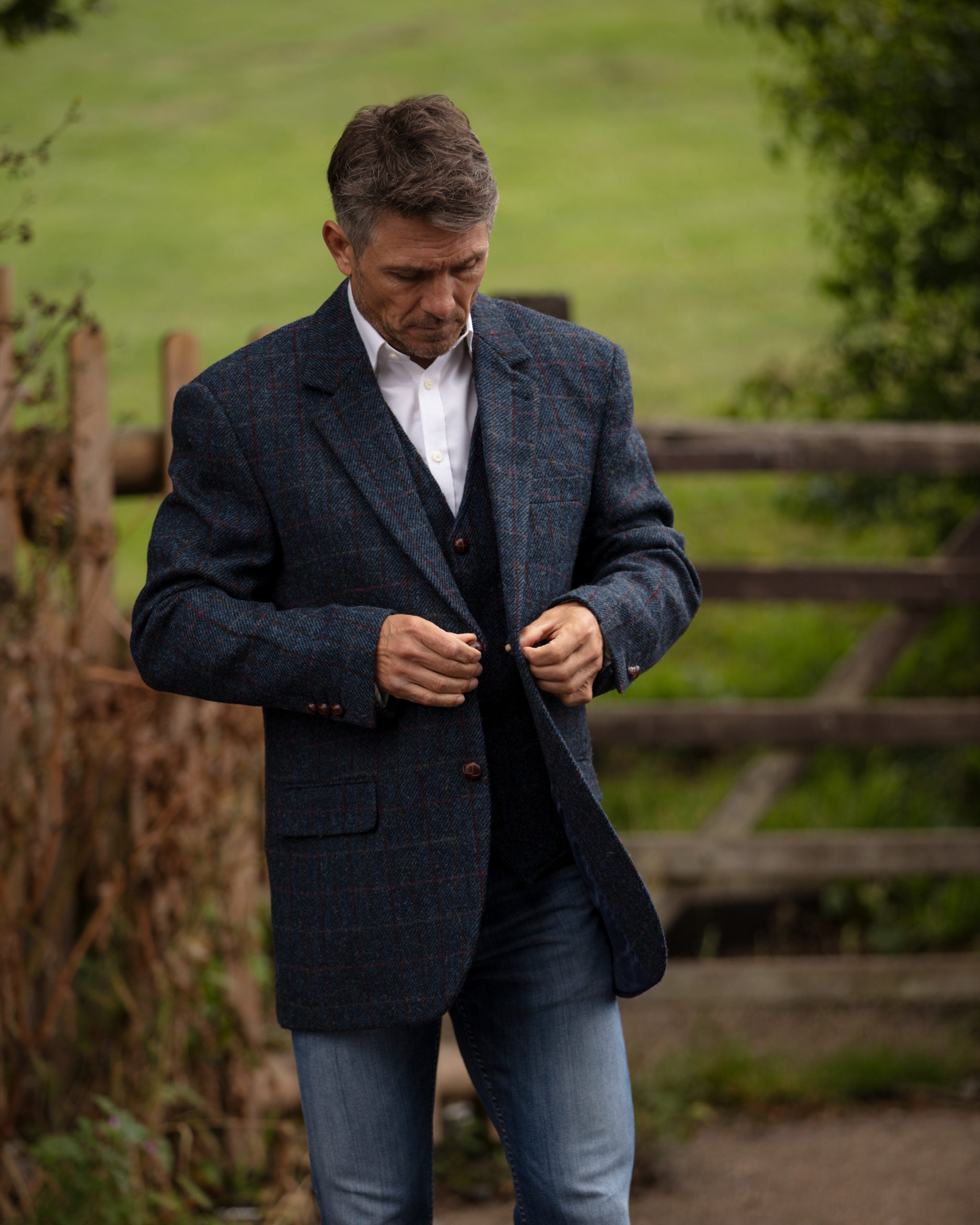 Men's Blazer Jacket in Royal Blue Harris Tweed Herringbone Country Fabric