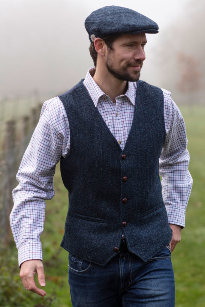 Men's Waistcoat in Midnight Blue Harris Tweed Herringbone Country Fabric