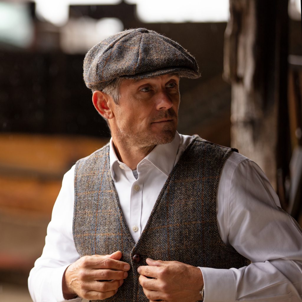 Men's Clinton Brown Waistcoat in Harris Tweed Herringbone Overcheck Country Fabric