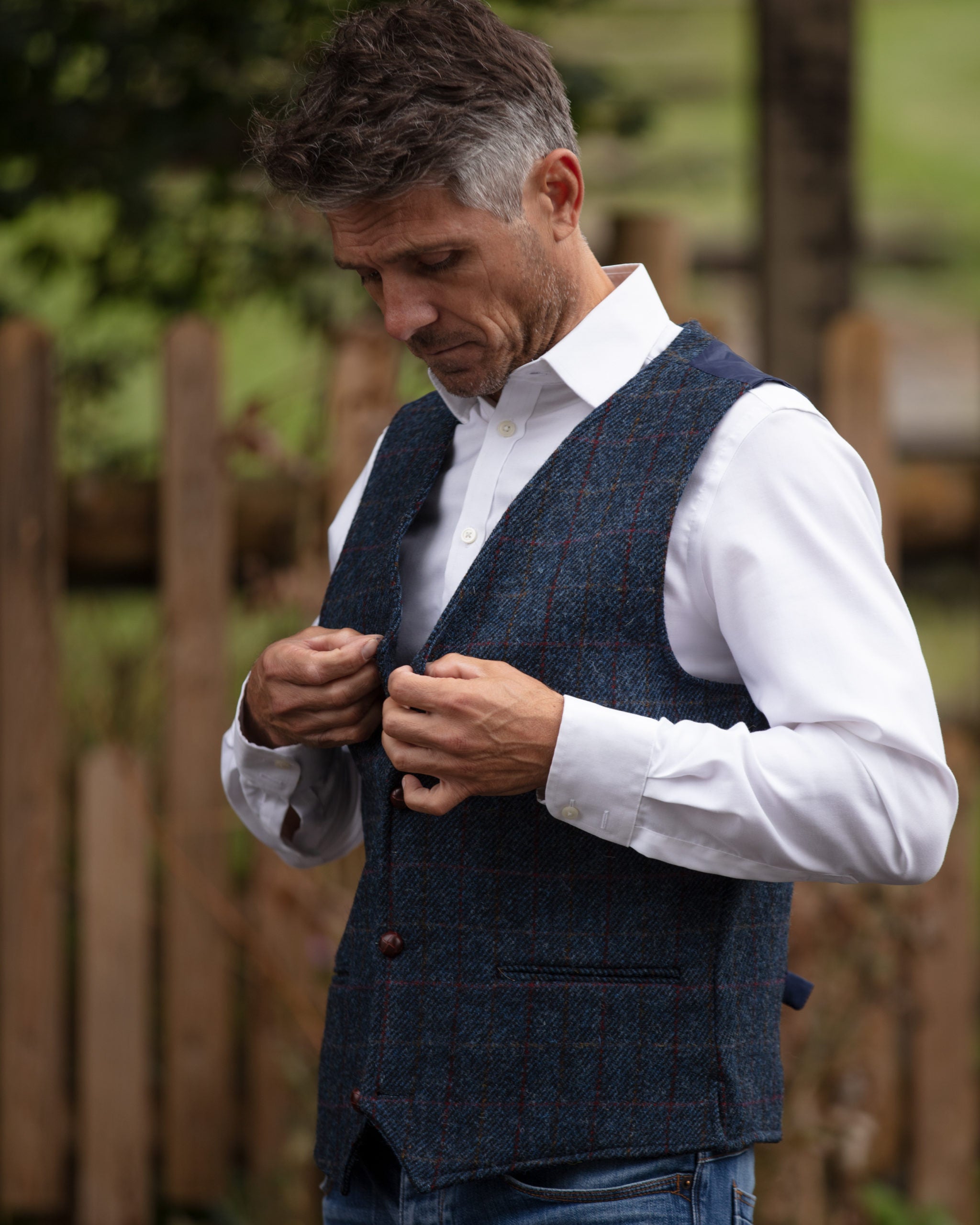 Men's Waistcoat in Royal Blue Harris Tweed Herringbone Overcheck Country Fabric