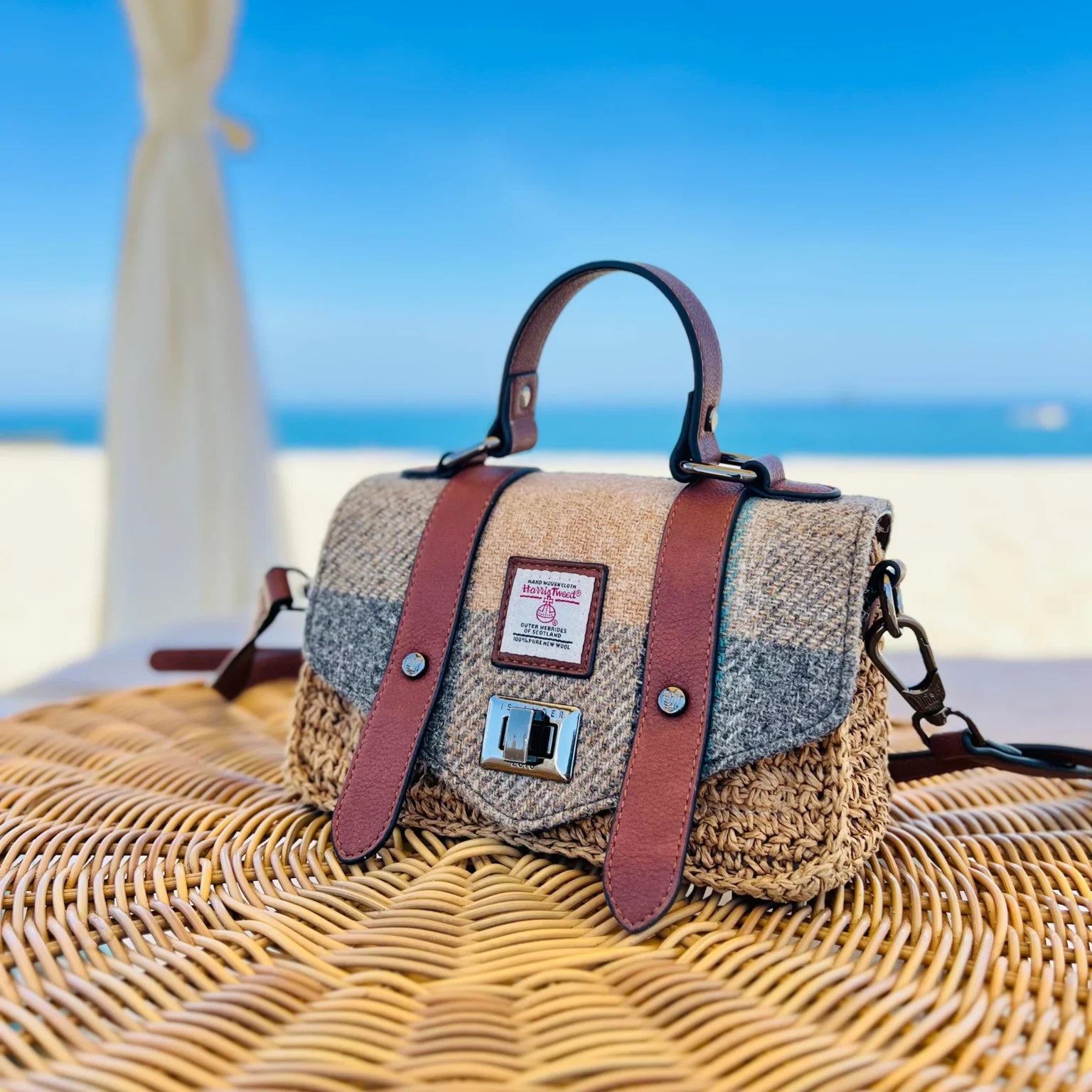 Islander Mini Straw Satchel Bag with Harris Tweed Beige & Brown Dogtooth – Image 2 | Harris Tweed Scotland