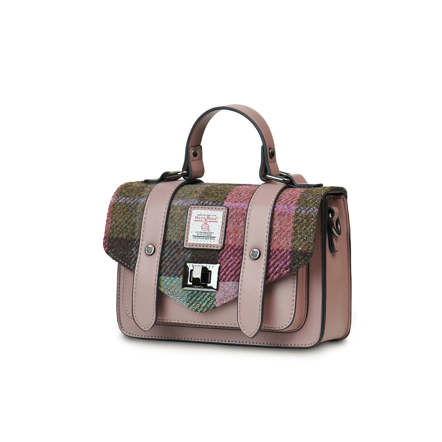 Islander Medium Satchel Bag with Harris Tweed Pink & Green Tartan | Harris Tweed Scotland