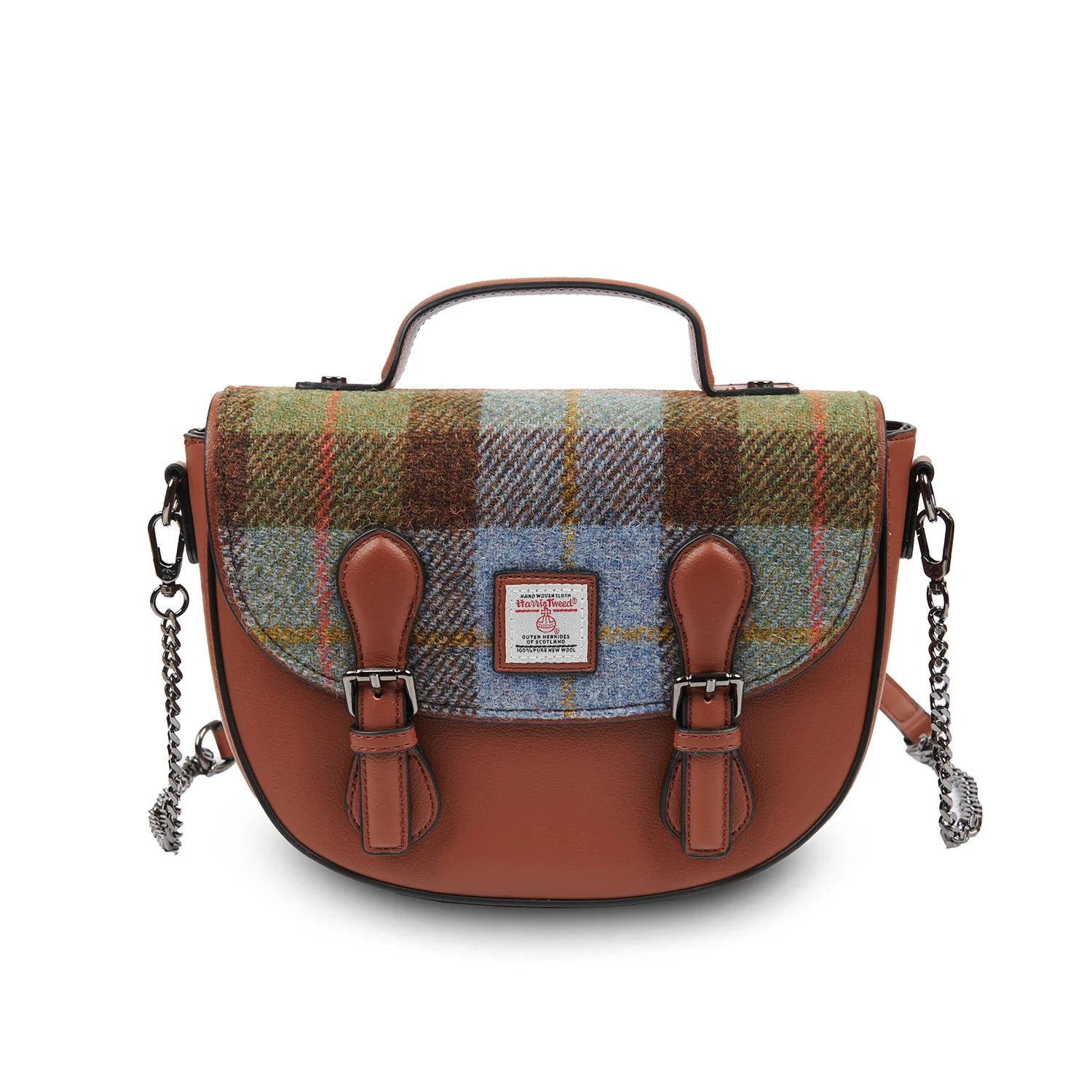 Islander Medium Cobble Satchel Bag with Harris Tweed Green Brown Blue Chestnut Tartan | Harris Tweed Scotland