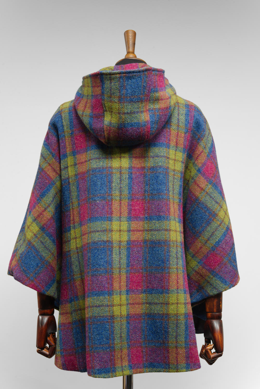 Harris Tweed Ladies Hooded Poncho Cape Lime Blue Raspberry Check - One Size