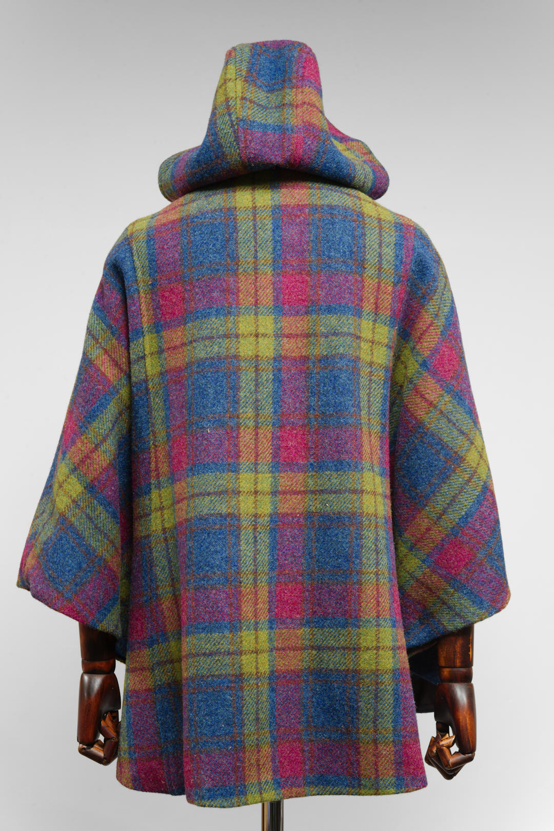 Harris Tweed Ladies Hooded Poncho Cape Lime Blue Raspberry Check - One Size