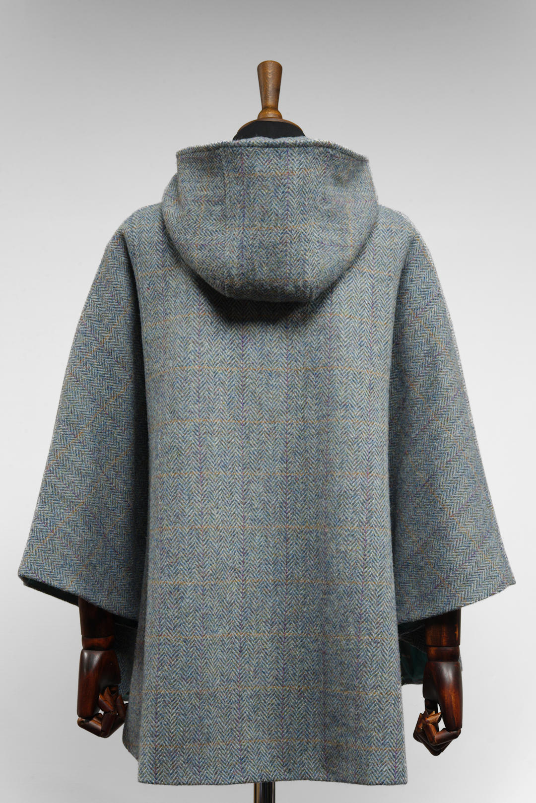 Harris Tweed Ladies Hooded Poncho Cape Duck Blue & Grey Opal Overcheck - One Size