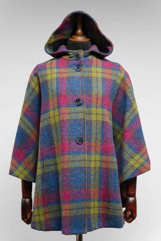 Harris Tweed Ladies Hooded Poncho Cape Lime Blue Raspberry Check - One Size