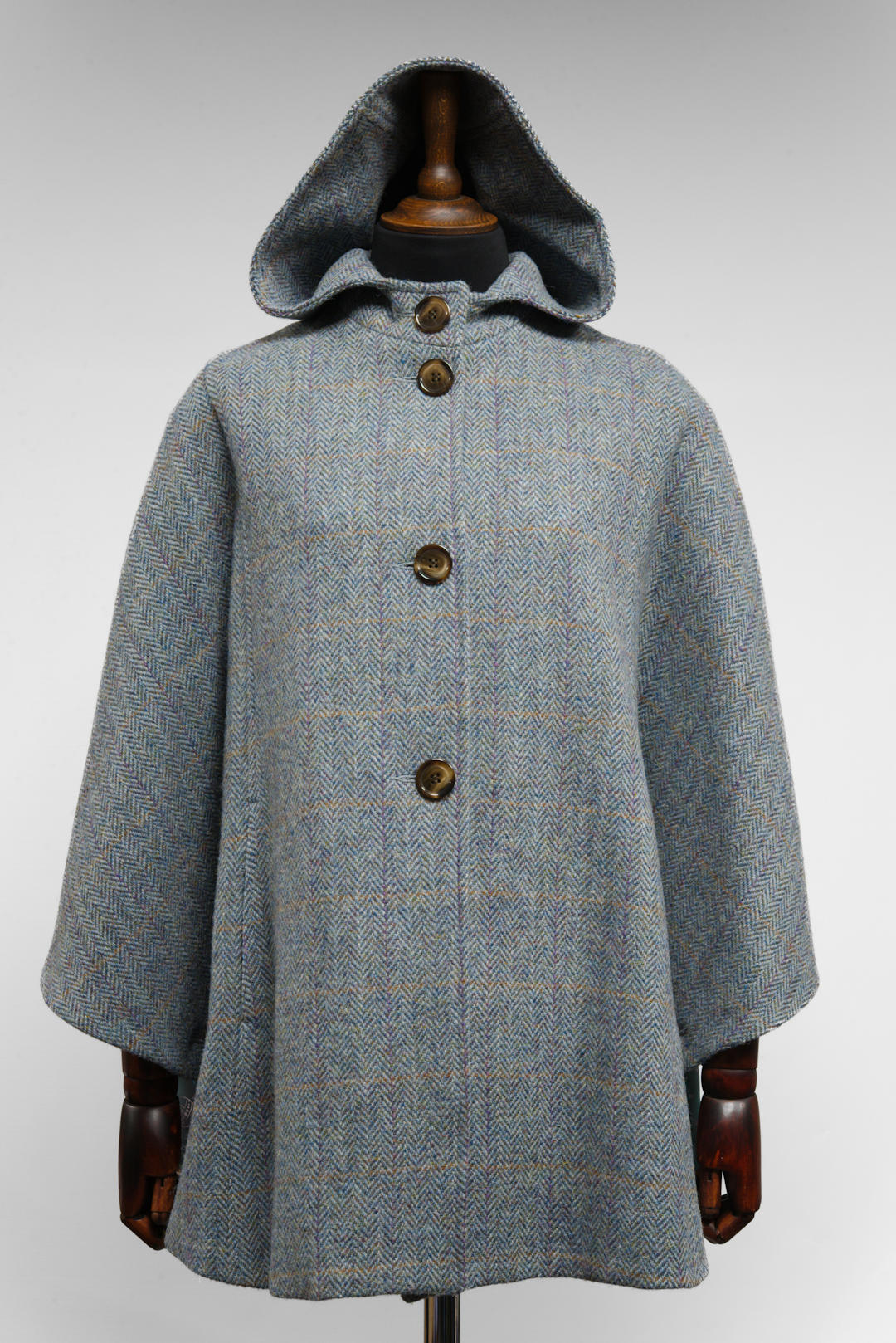 Harris Tweed Ladies Hooded Poncho Cape Duck Blue & Grey Opal Overcheck - One Size