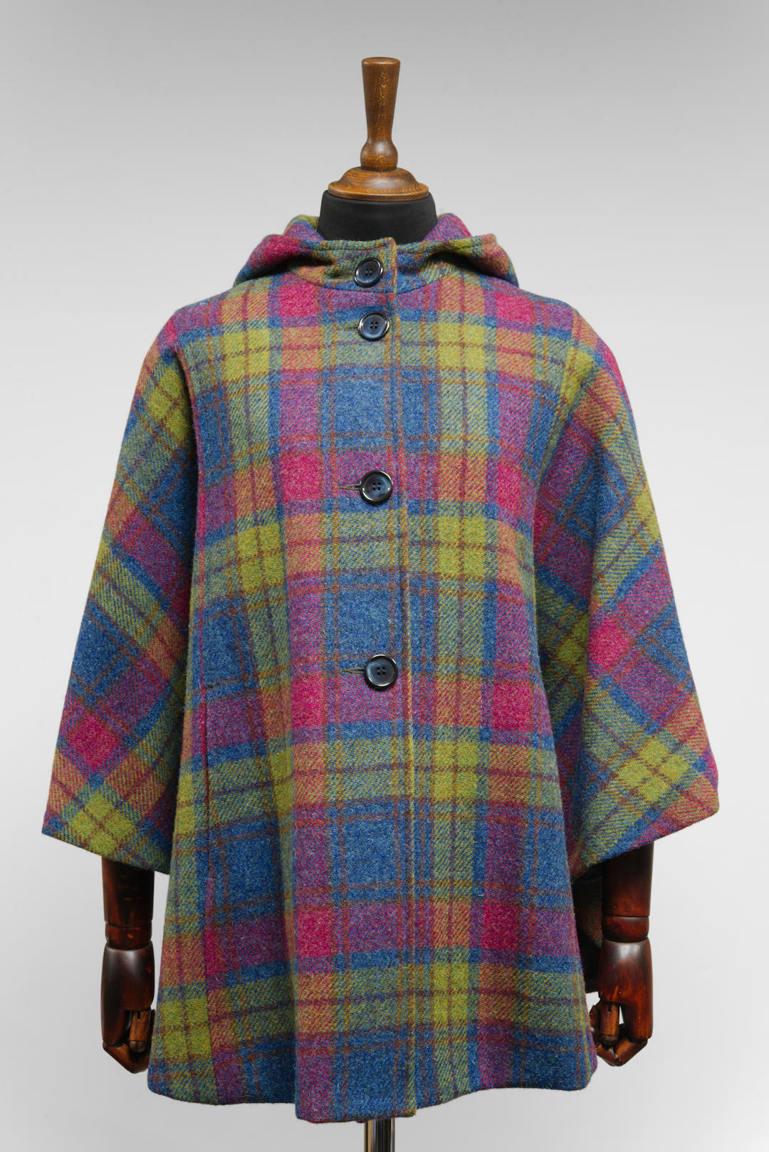 Harris Tweed Ladies Hooded Poncho Cape Lime Blue Raspberry Check - One Size