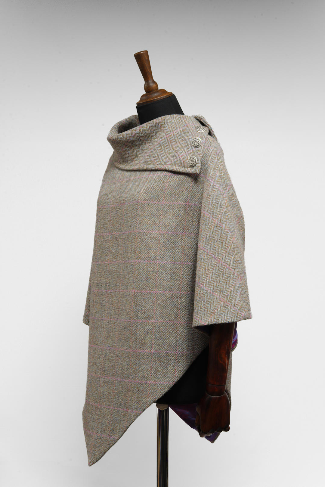 Harris Tweed Ladies Celtic Poncho Cape Grey & Pink Check Herringbone