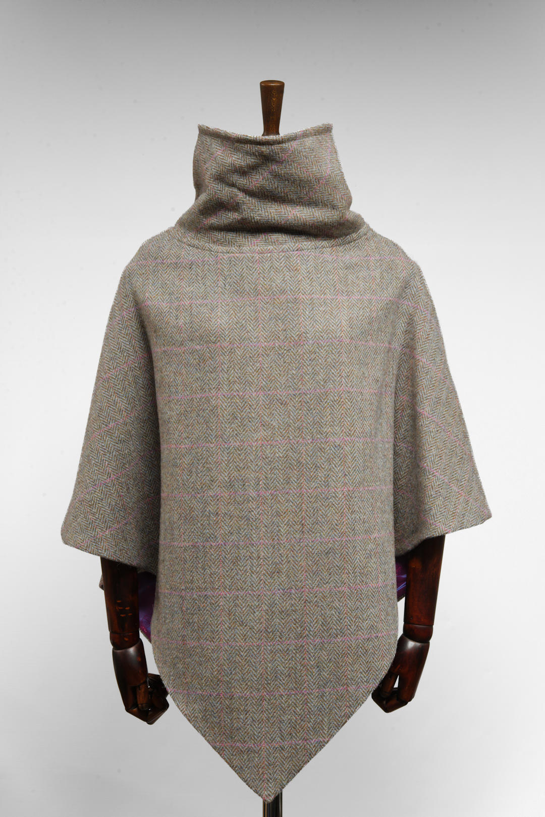 Harris Tweed Ladies Celtic Poncho Cape Grey & Pink Check Herringbone