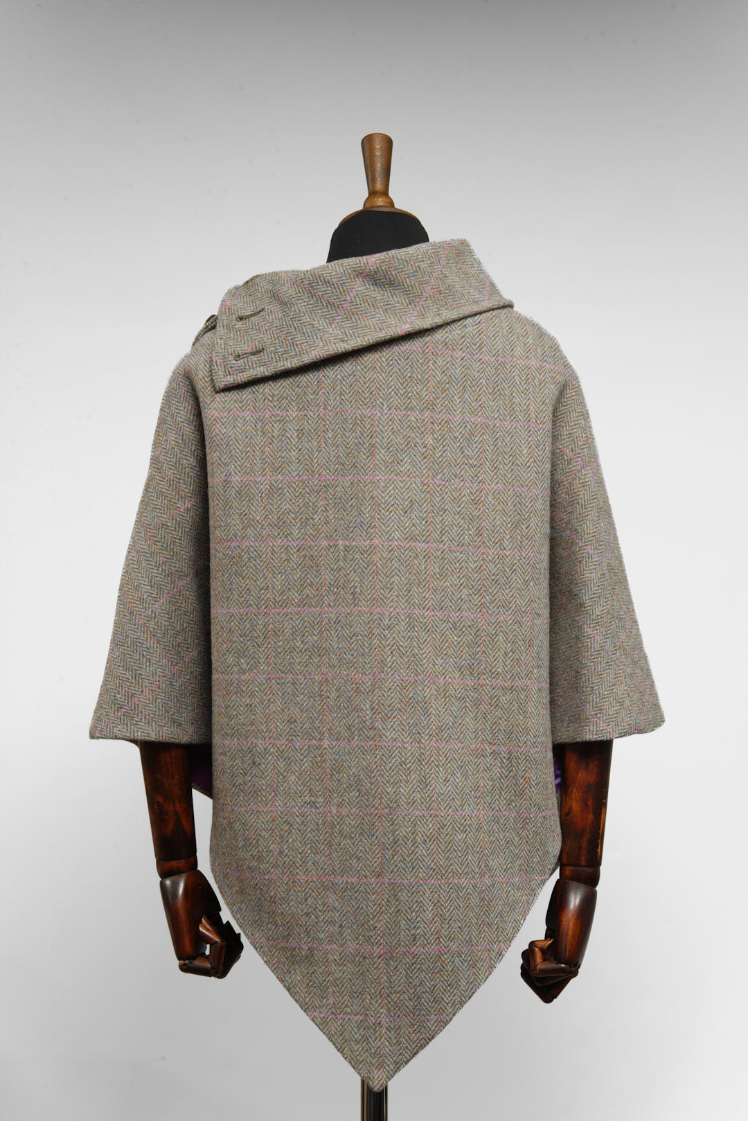 Harris Tweed Ladies Celtic Poncho Cape Grey & Pink Check Herringbone