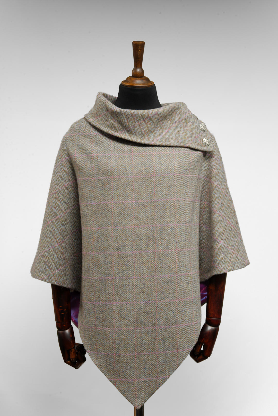 Harris Tweed Ladies Celtic Poncho Cape Grey & Pink Check Herringbone