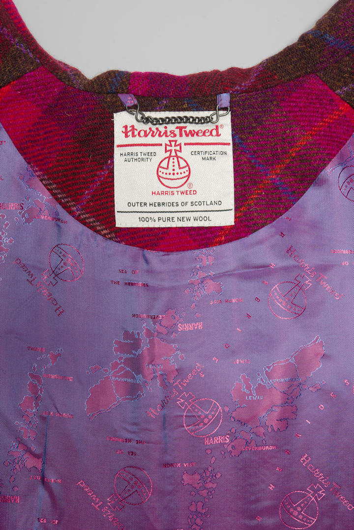 Harris Tweed Ladies Hooded Poncho Cape Cerise Brown, Purple & Burgundy Check