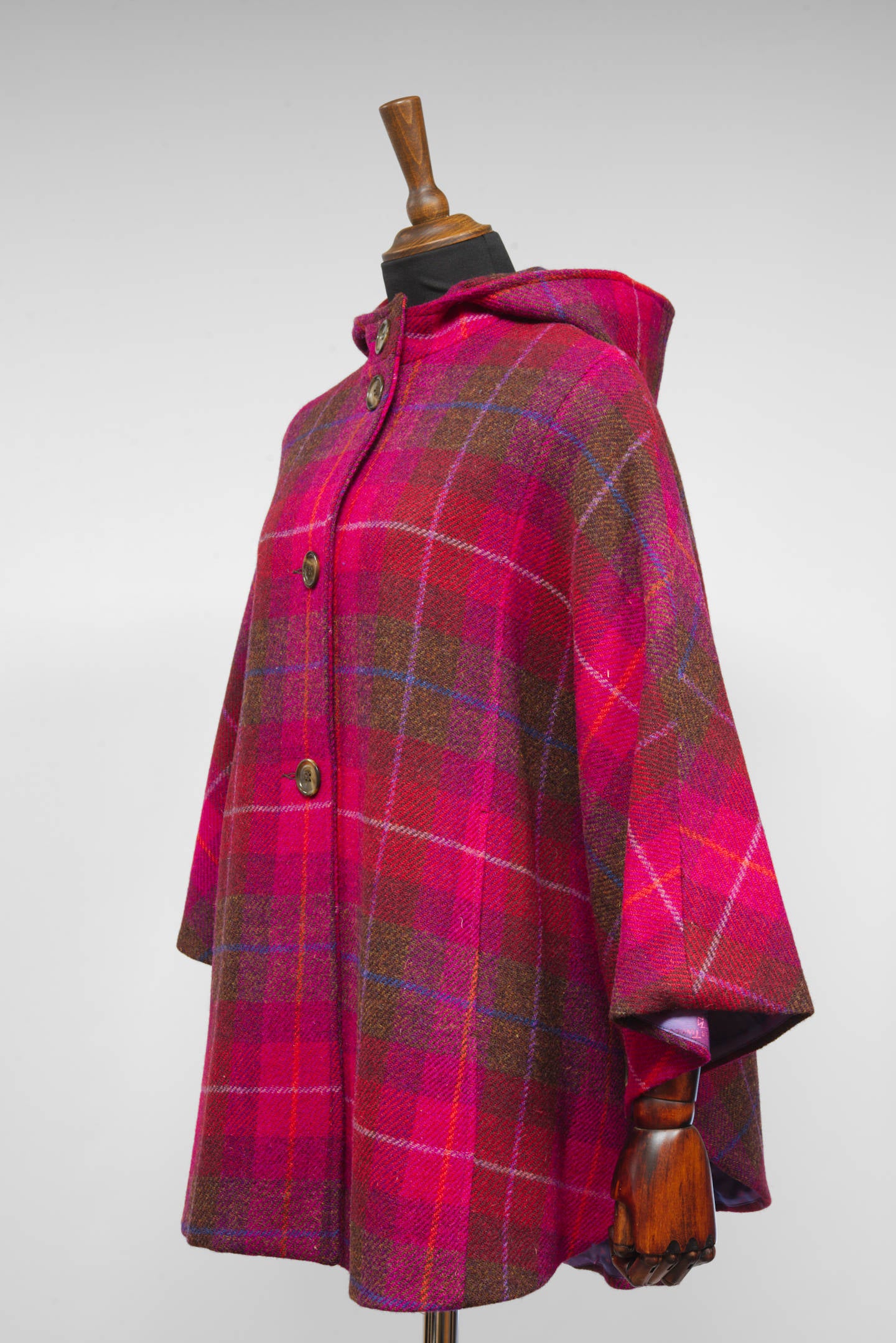 Harris Tweed Ladies Hooded Poncho Cape Cerise Brown, Purple & Burgundy Check