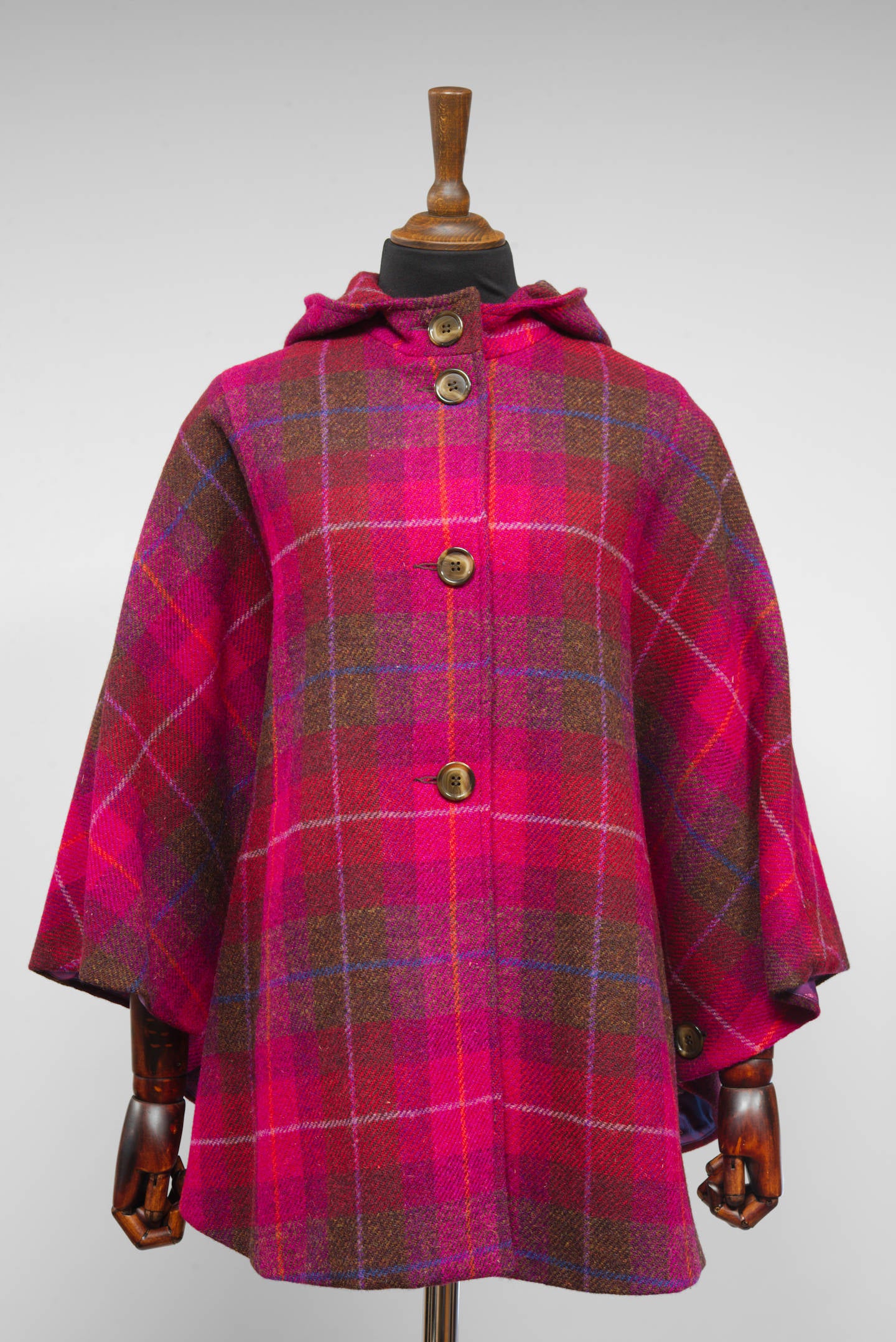 Harris Tweed Ladies Hooded Poncho Cape Cerise Brown, Purple & Burgundy Check