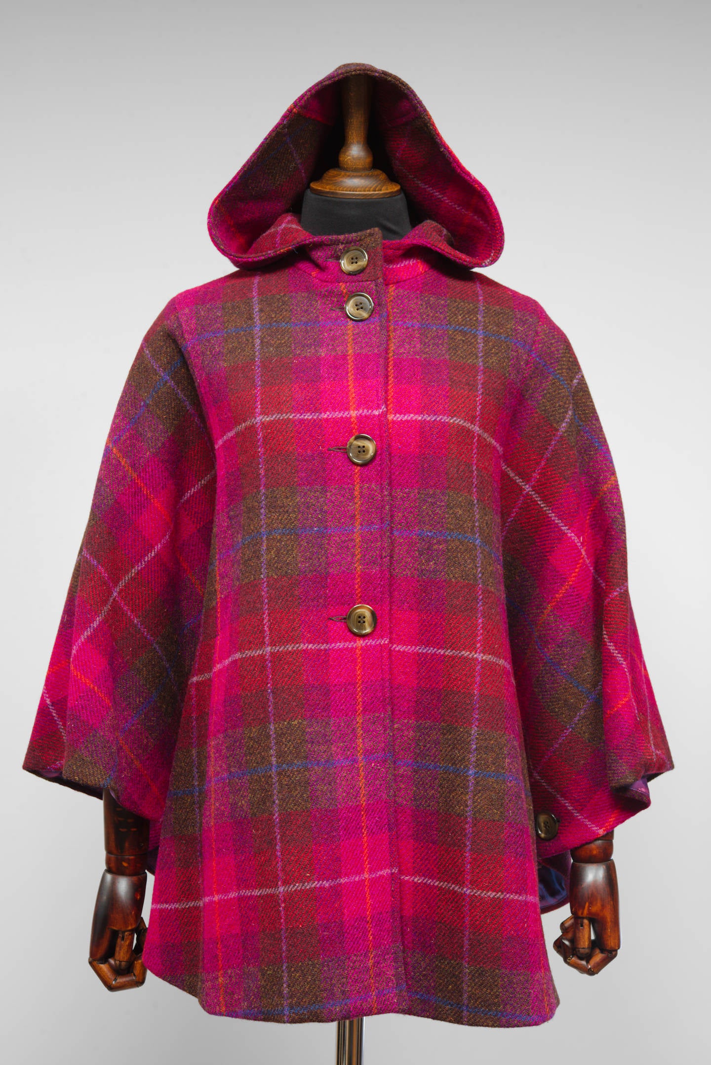 Harris Tweed Ladies Hooded Poncho Cape Cerise Brown, Purple & Burgundy Check