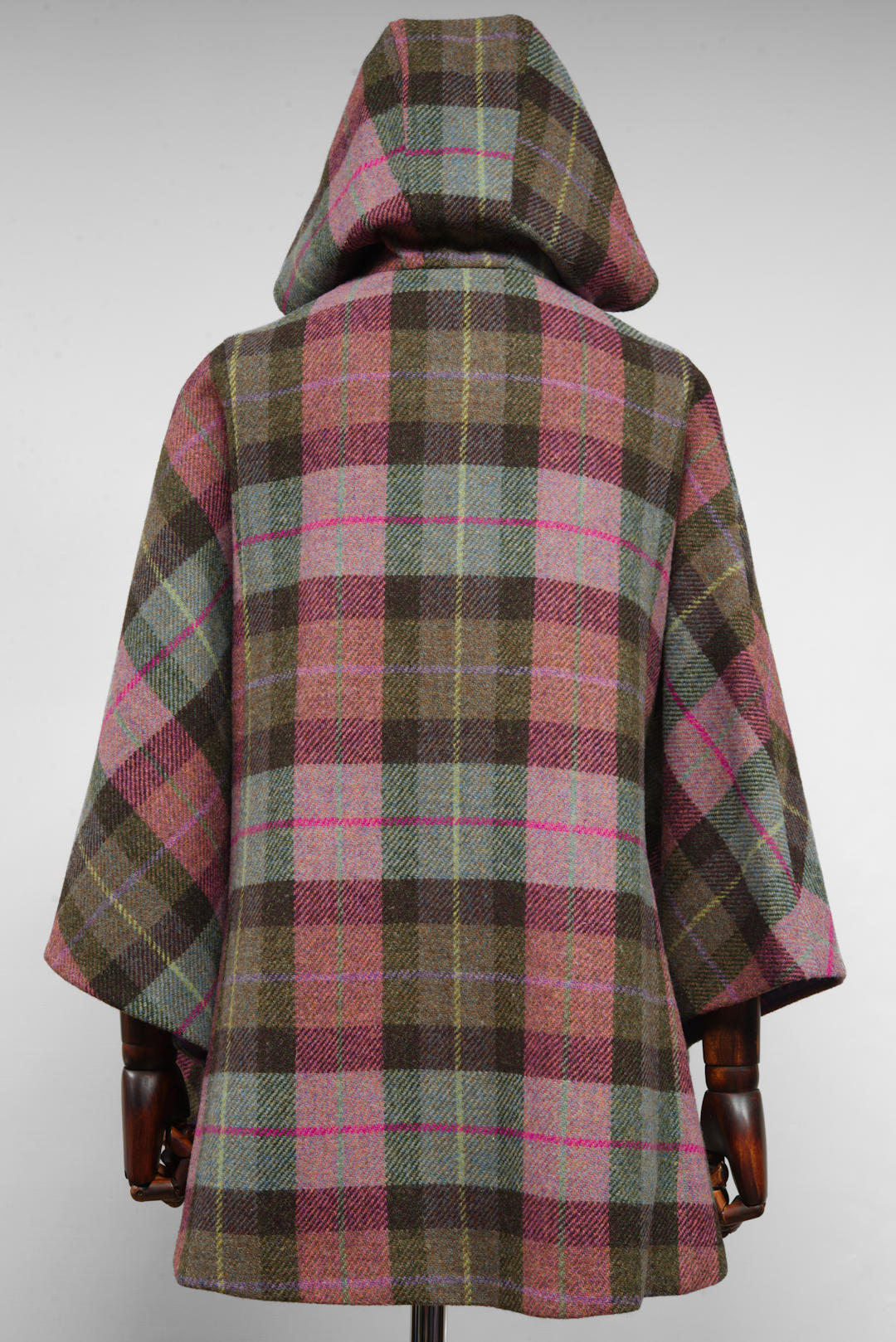 Harris Tweed Ladies Hooded Poncho Cape Pink, Purple & Green Tartan